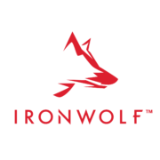 Logo IronWolf z abstrakcyjnym wilkiem w kolorze czerwonym.