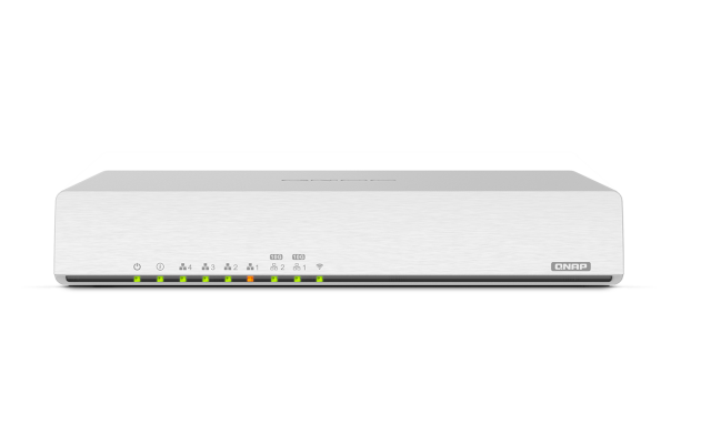 Biały router sieciowy QNAP z wskaźnikami LED.