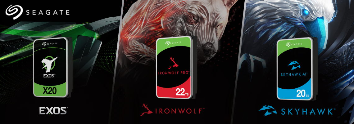 Trzy dyski twarde Seagate: Exos, IronWolf Pro, SkyHawk.