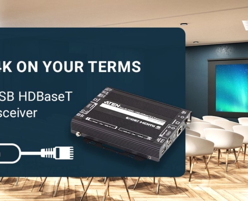 Urządzenie transmisyjne ATEN VE1843 HDMI/USB HDbaseT w sali konferencyjnej.